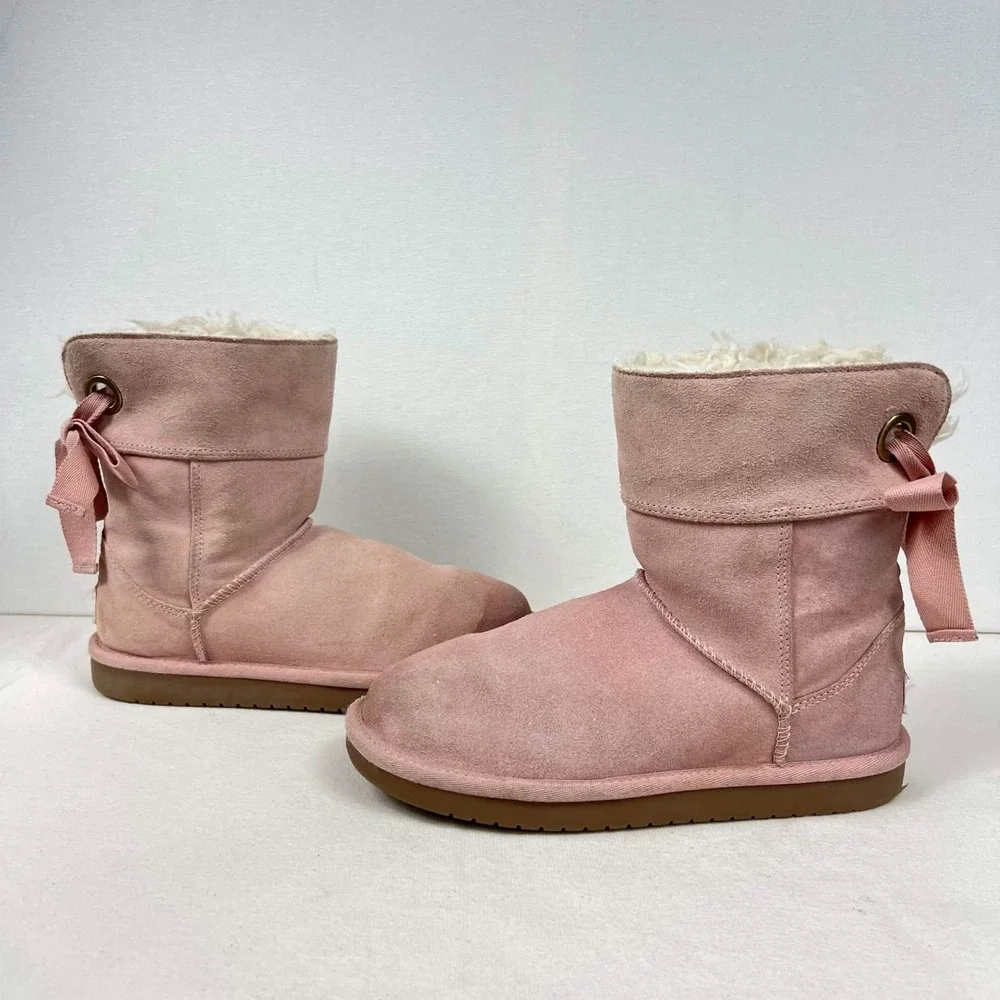 GUC Koolaburra by UGG Victoria Mini Pink Bow Winter Boots Fur Lined Girls Size 2